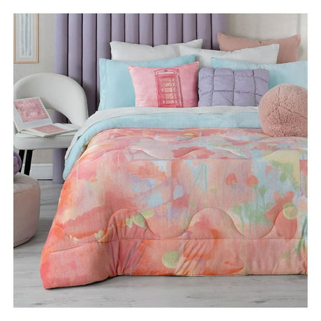 Pastel Abstract Fleece Winter Comforter Set – 3-Piece Ultra Soft Printed Comforter with Solid Pillowcases
