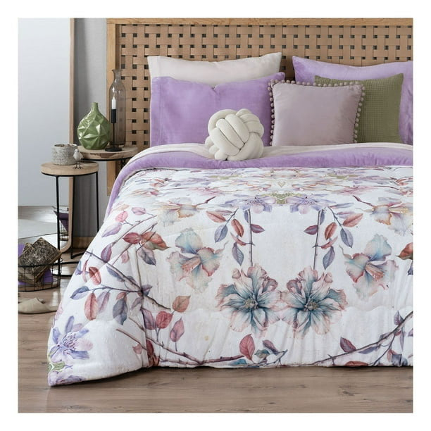 King Size Floral Fleece Winter Comforter Set – 3-Piece Ultra Soft Printed Comforter with Solid Pillowcases