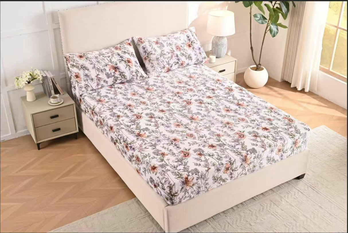 Fleece Flannel Bedsheet Set – Ultra Soft Floral Print | King, Queen & Twin Sizes | Deep Pocket Fitted Sheet