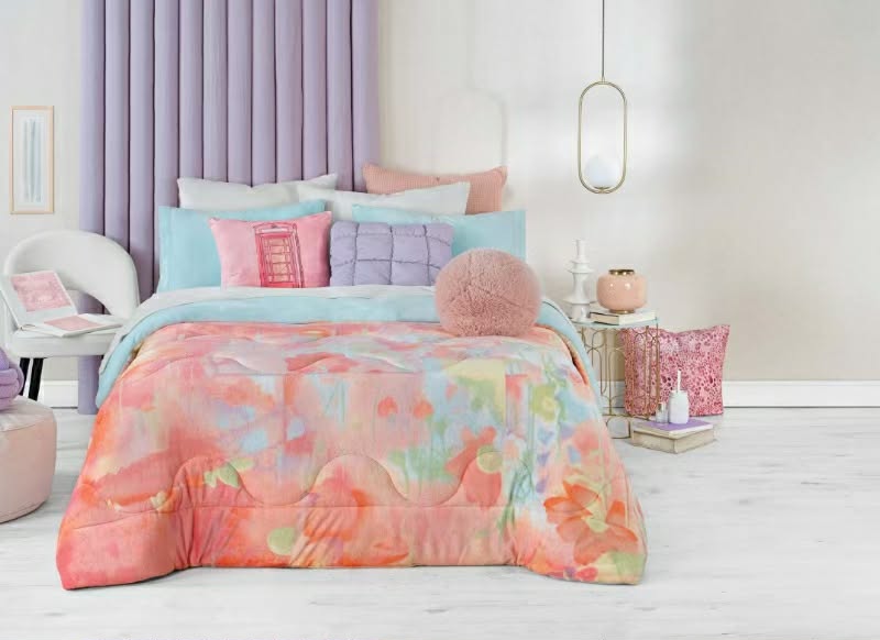 Pastel Abstract Fleece Winter Comforter Set – 3-Piece Ultra Soft Printed Comforter with Solid Pillowcases