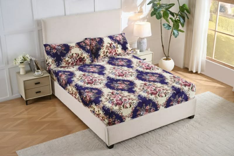 Cozy Fleece Flannel Bedsheet Set – Ultra Soft Blue Floral Print | King, Queen & Twin Sizes | Deep Pocket Fitted Sheet