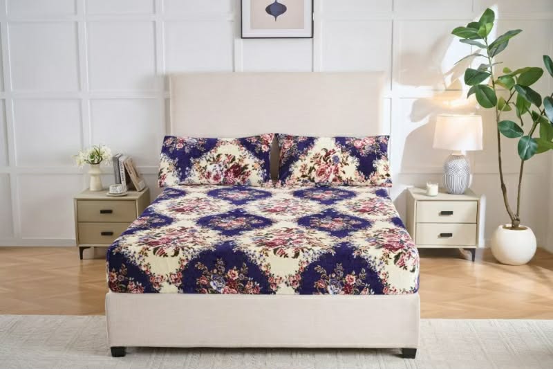 Cozy Fleece Flannel Bedsheet Set – Ultra Soft Blue Floral Print | King, Queen & Twin Sizes | Deep Pocket Fitted Sheet