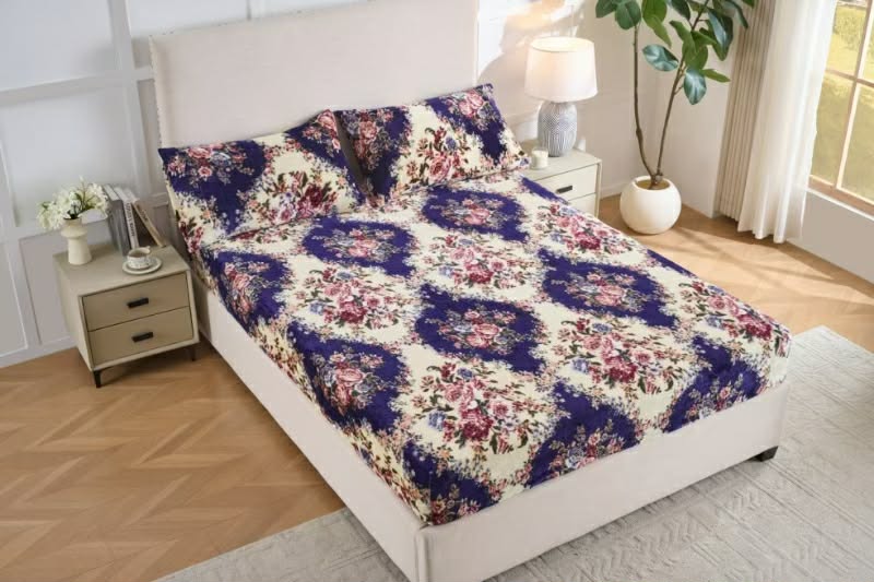 Cozy Fleece Flannel Bedsheet Set – Ultra Soft Blue Floral Print | King, Queen & Twin Sizes | Deep Pocket Fitted Sheet
