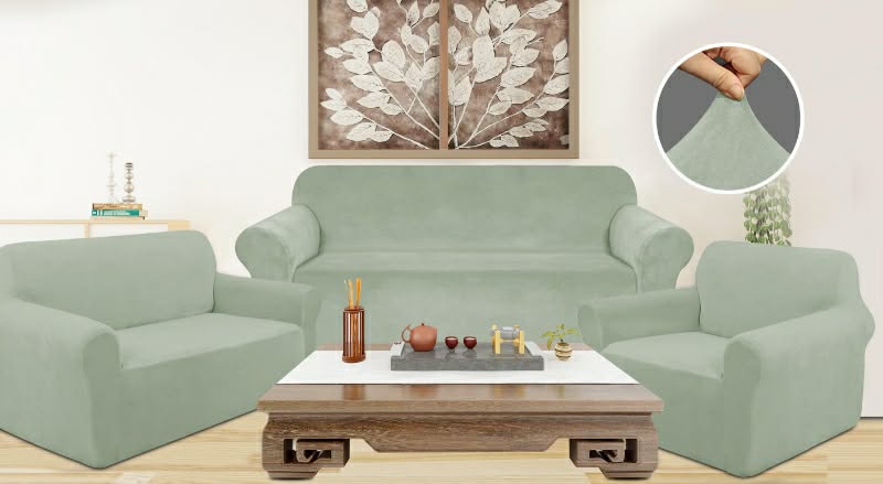 Sage Green Stretch Sofa Cover Set (1+2+3 Seater) – Soft Elastic Couch Covers – Washable, Anti-Slip Furniture Protector